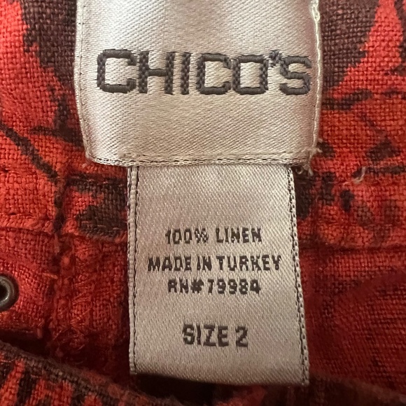 Chico's Linen Burnt Orange Town Print Capri Pants with Relaxed Fit 32x23 Size 2 - Picture 3 of 7